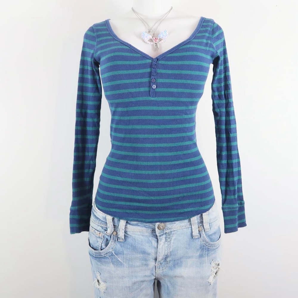 y2k blue green striped henley long sleeve top